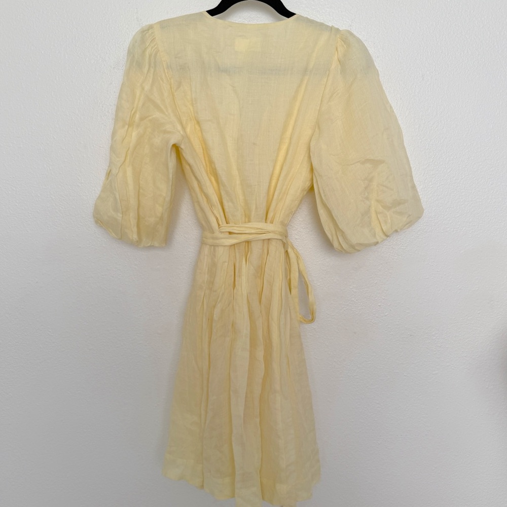 EVERY Butter Yellow Short Puff Sleeve Tie Waist Wrap Mini Dress - Picture 3 of 9